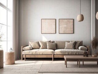 The rustic interior design of the modern living room with beige fabric sofa and cushions generative ai