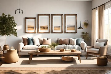 Immerse yourself in the warmth and charm of a farmhouse living room interior, adorned with a mockup frame that becomes the centrepiece of attention.AI generated