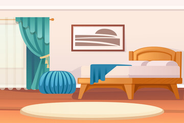 Home room interior with bed windows and carpet simple minimalistic style vector illustration