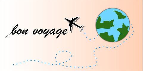 Bon Voyage text with black airplane. Lettering bon voyage word.