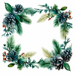 Naklejka premium Christmas botanical wreathe floral border watercolor isolated illustration. AI generative