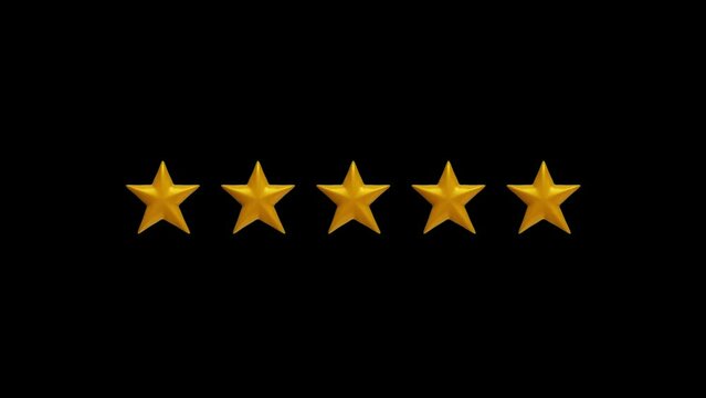 Five stars customer product rating review animation for apps and websites. Five stars rating. Yellow rating stars on black background. Pack of 3 High-Quality 3d animations