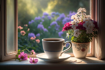 Spring morning at home with cup of coffe and flowers. Seasonal decoration, cozy living, hygge concept. Generative ai.