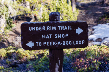 Sign pointing the direction to Under Rim Trail and Peek-A-Boo Loop in Bryce Canyon National Park in Utah during spring.
