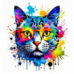 Naklejka premium Colored cat muzzle in eyeglasses with paint splash on white background.T-shirt painted print for design.Generative AI