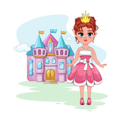 Enchanting Princess. Vector Illustration of a Girl in a Beautiful Dress with a Crown, Standing by the Castle