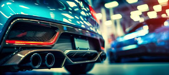 Close up of stainless steel exhaust tip muffler pipe of sports car, bokeh car showroom on...
