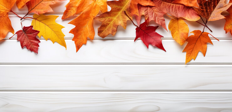 white wooden table with autumn leaves.  top view of autumnal maple leaves on one side of wooden surface