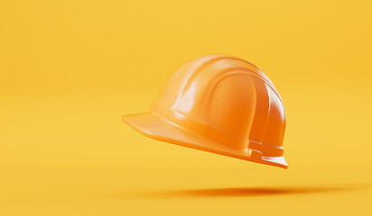 Fototapeta premium Yellow builders hard hat head protection on a yellow background. 3D Rendering