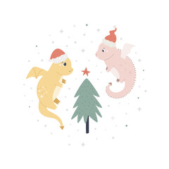 Christmas holiday illustration with adorable dragon in a santa hat