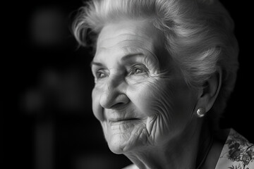 Close-up Portrait of Happy Retired Senior Woman in Black and White Style: AI Generated Image
