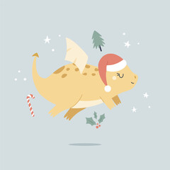 Christmas holiday illustration with adorable dragon in a santa hat