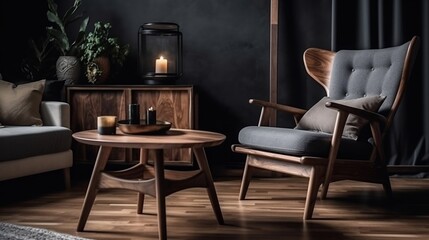 Interior design of scandinavian living room with frames with Wing chair near rustic wooden coffee table generative ai