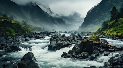 A thunderous waterfall cascading down a rugged mountain face, the mist creating a dreamy haze.