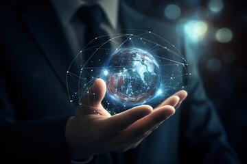 man holging globe in hands with connections, internet of things concept