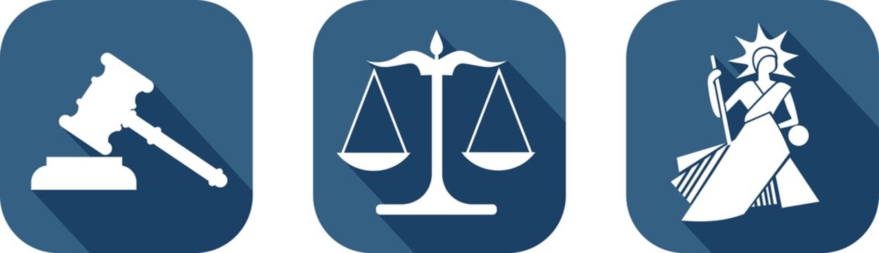 Icon of justice with a hammer, scales and bailiff
