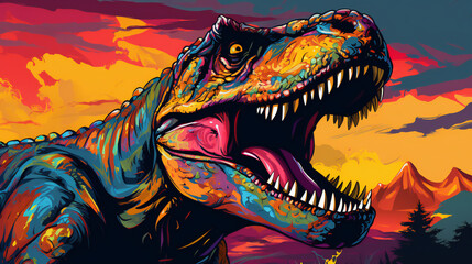 colorful tyrannosaurus rex with an open jaw full of sharp teeth, pop art style