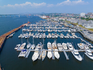 Borden Light Marina aerial view on the Taunton River with Fall River modern city skyline at the...