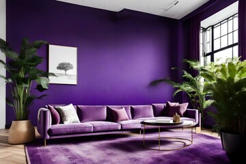 Step into a captivating living room where a purple wall sets the stage for a visually stunning atmosphere. AI generated