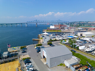 Braga Bridge aerial view on Taunton River. The bridge connects city of Fall River and town of...