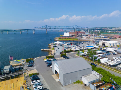 Braga Bridge aerial view on Taunton River. The bridge connects city of Fall River and town of Somerset, Massachusetts MA, USA. 