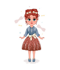 Elegant Girl in a Beautiful Dress with Charming Bows. Vector Illustration