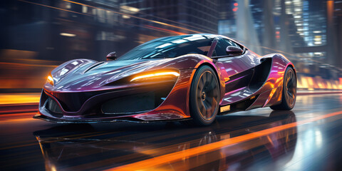 Fototapeta premium Futuristic Sports Car On Neon Highway. Powerful acceleration of a supercar with colorful lights trails.