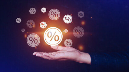 Businessman hand touching virtual percentage icon, Discount Percentage concept.