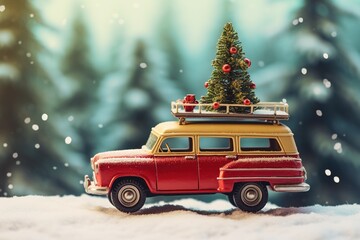 Retro toy ca carrying Christmas tree on roof .