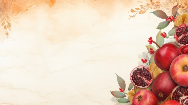 Rosh hashanah, jewish New Year holiday, traditional symbols. Web banner with copy space. Generative AI
