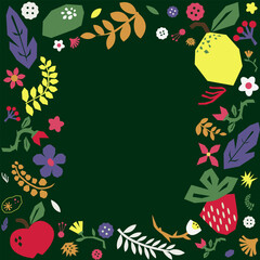 Frame with summer flowers, leaves and fruits. Floral design elements.