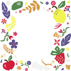 Frame with summer flowers, leaves and fruits. Floral design elements.