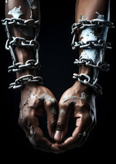 Fototapeta na wymiar Fashion social Concept. Man bound in chains. illuminated with dynamic composition and dramatic lighting. sensual, mysterious, advertisement, magazine