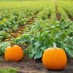 Picked pumpkins in a field. Photorealistic illustration generated by AI.