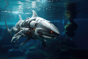 Shark robot in the nature. Generative AI art