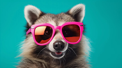 Funny and colorful Raccoon dog with sunglasses and a colorful and bright background. Summer vacation concept. generative ai