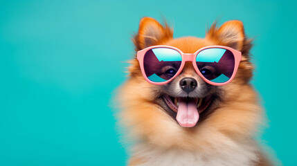 Funny and colorful Pomeranian pygmy spitz with sunglasses and a colorful and bright background. Summer vacation concept. generative ai