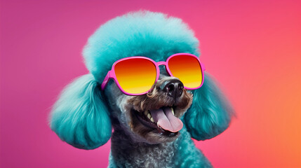 Funny and colorful Poodle with sunglasses and a colorful and bright background. Summer vacation concept. generative ai