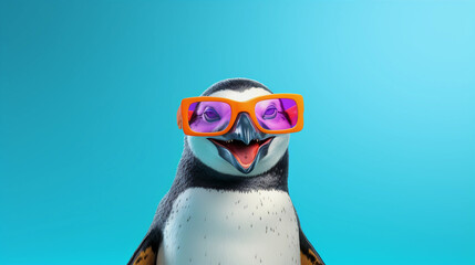 Funny and colorful Penguin with sunglasses and a colorful and bright background. Summer vacation concept. generative ai