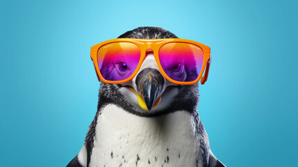 Funny and colorful Penguin with sunglasses and a colorful and bright background. Summer vacation concept. generative ai