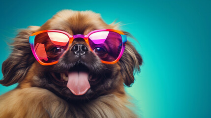 Funny and colorful Pekinese with sunglasses and a colorful and bright background. Summer vacation concept. generative ai