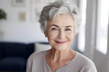 Portrait of Smiling Senior Woman Looking at Camera in the Living Room: AI Generated Image