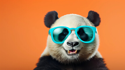 Fototapeta premium Funny and colorful Panda bear with sunglasses and a colorful and bright background. Summer vacation concept. generative ai