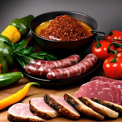 alimento, carne, carne, refeição, lingüiça, tomate, diner, carne de porco, fresco, grelha, epicure, legume, vermelho, culinária, lingüiça, salada, prato, pimenta, legume, branco, cru, braai, isolado, 