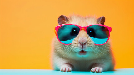 Funny and colorful Hamster with sunglasses and a colorful and bright background. Summer vacation concept. generative ai