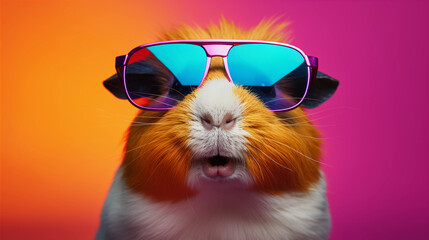 Funny and colorful Guinea pig with sunglasses and a colorful and bright background. Summer vacation concept. generative ai