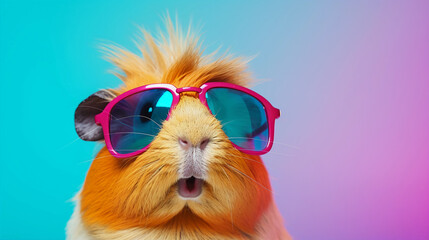 Funny and colorful Guinea pig with sunglasses and a colorful and bright background. Summer vacation concept. generative ai