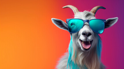 Funny and colorful Goat with sunglasses and a colorful and bright background. Summer vacation concept. generative ai