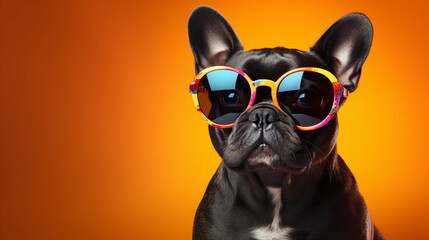 Funny and colorful french bulldog with sunglasses and a colorful and bright background. Summer vacation concept. generative ai