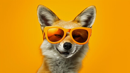 Fototapeta premium Funny and colorful Fox with sunglasses and a colorful and bright background. Summer vacation concept. generative ai